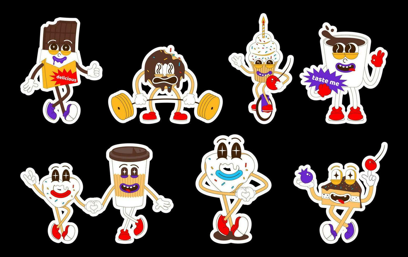 Set of sweets stickers. Cute donut, coffee, chocolate and ice cream characters in retro cartoon style. vector