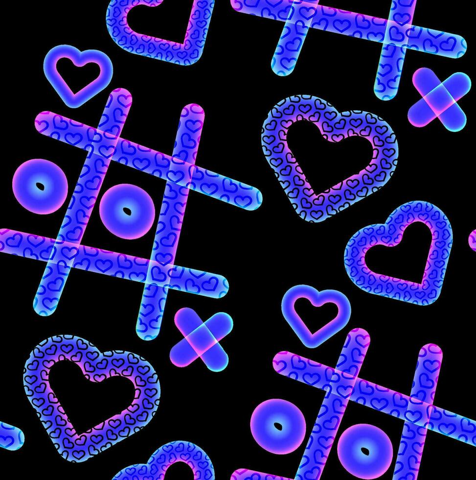 Noen pattern with doodles of the game tic-tac-toe and hearts. Vector seamless background in 90s style.