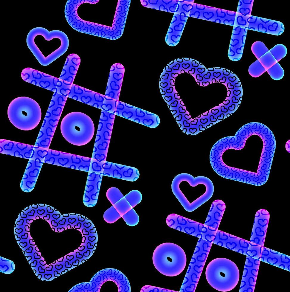 noen modelo con garabatos de el juego tic-tac-toe y corazones. vector sin costura antecedentes en 90s estilo.