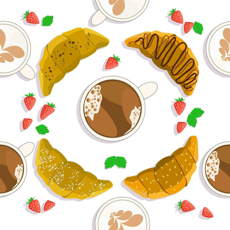 croissants y café, fresa frutas con hojas. sin costura vector dibujo para textiles, impresión, fondo de pantalla y servilletas. blanco antecedentes