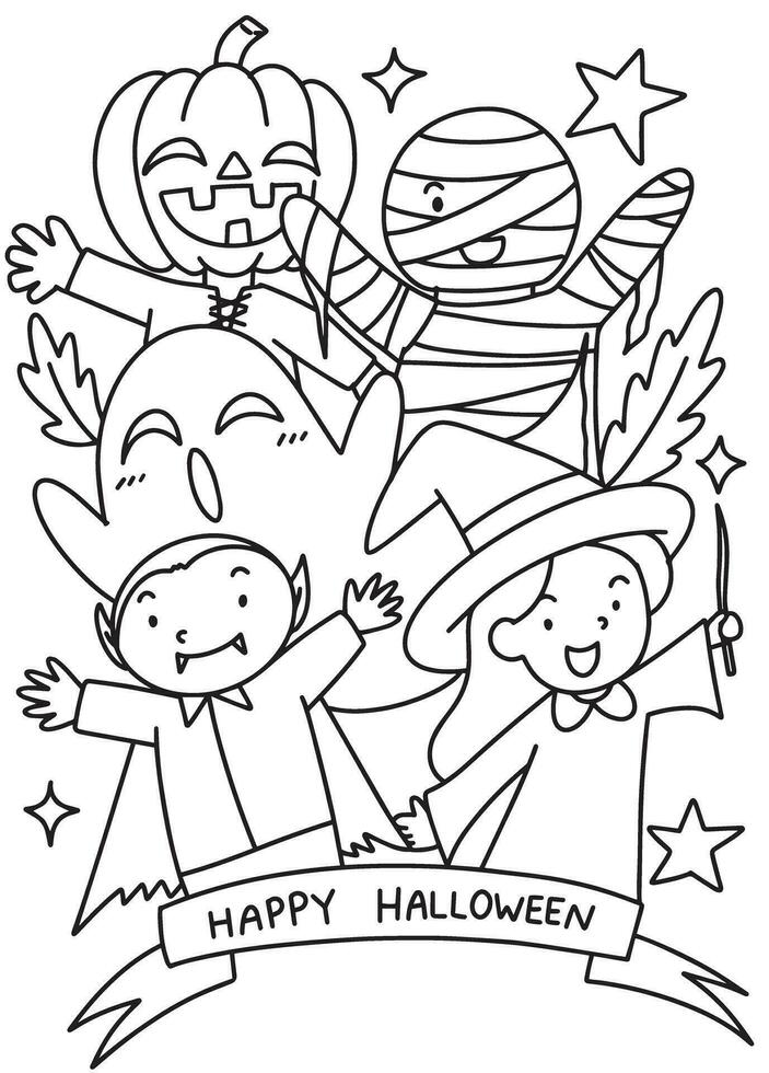 Trick or Treat coloring page. Halloween coloring page for kids. Cartoon children in Halloween costumes. Cute children, witch, dracula, pumpkin, mummy, zombie, ghost vector