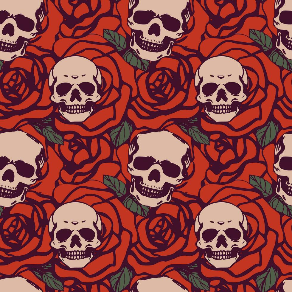 pequeño calaveras en un antecedentes de rosas sin costura patrón.gotico ornamento. vector