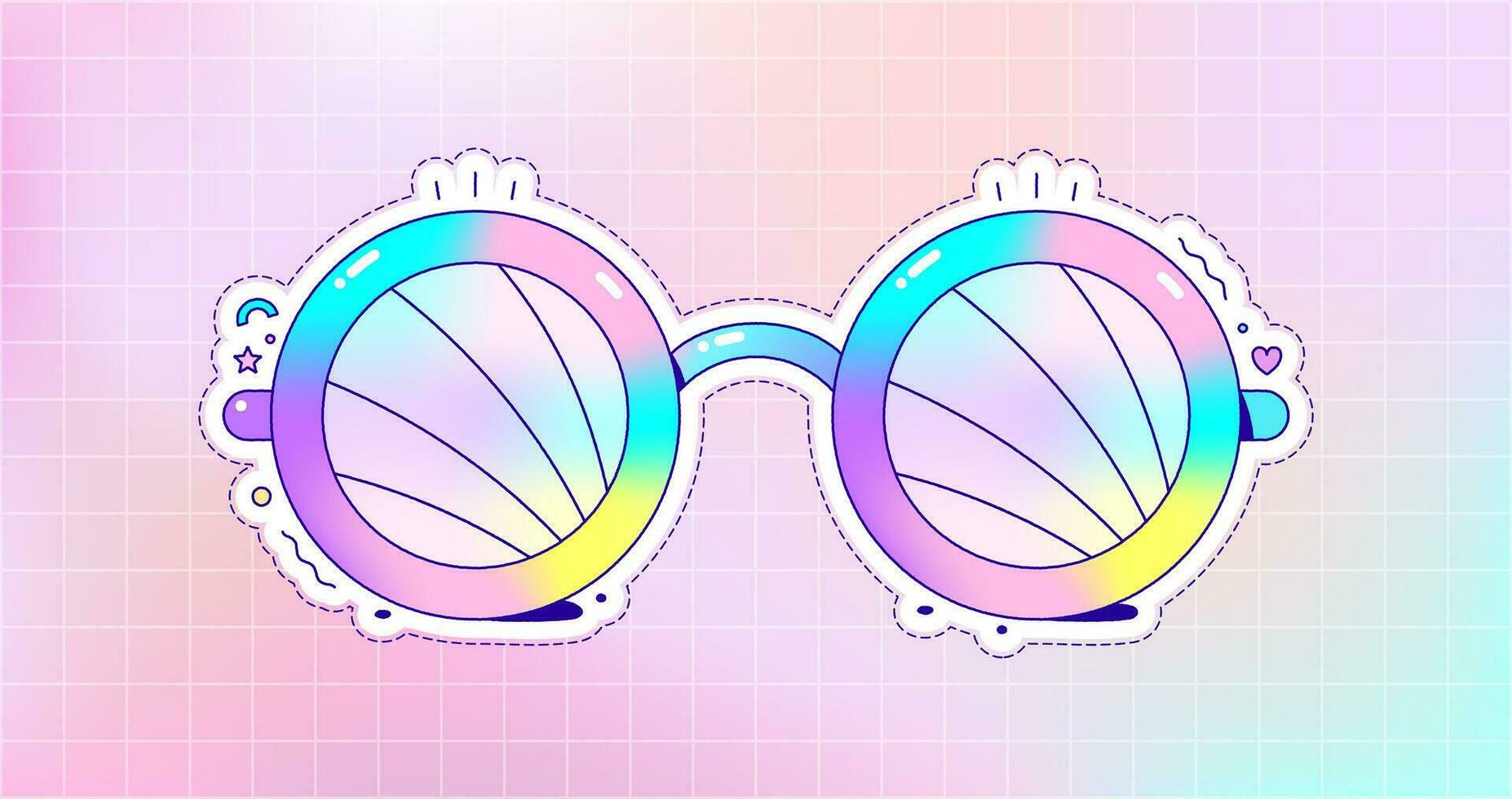 Groovy pastel color sunglasses. Bright psychedelic sticker. vector