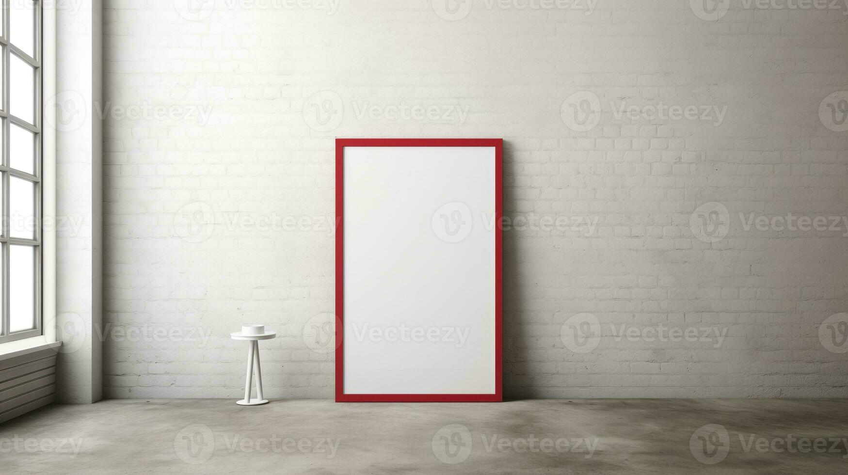 Red framed border leaning against stonewall ai generated frame mockup living room photo