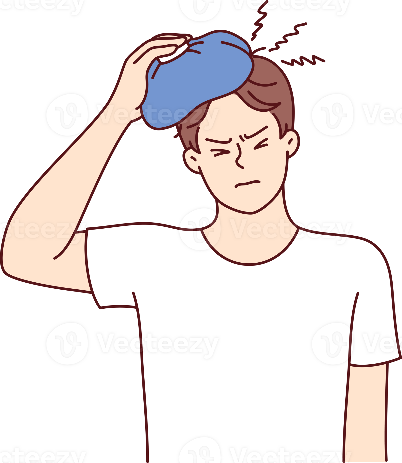 Man suffers from hangover and applies ice pack to head, feeling