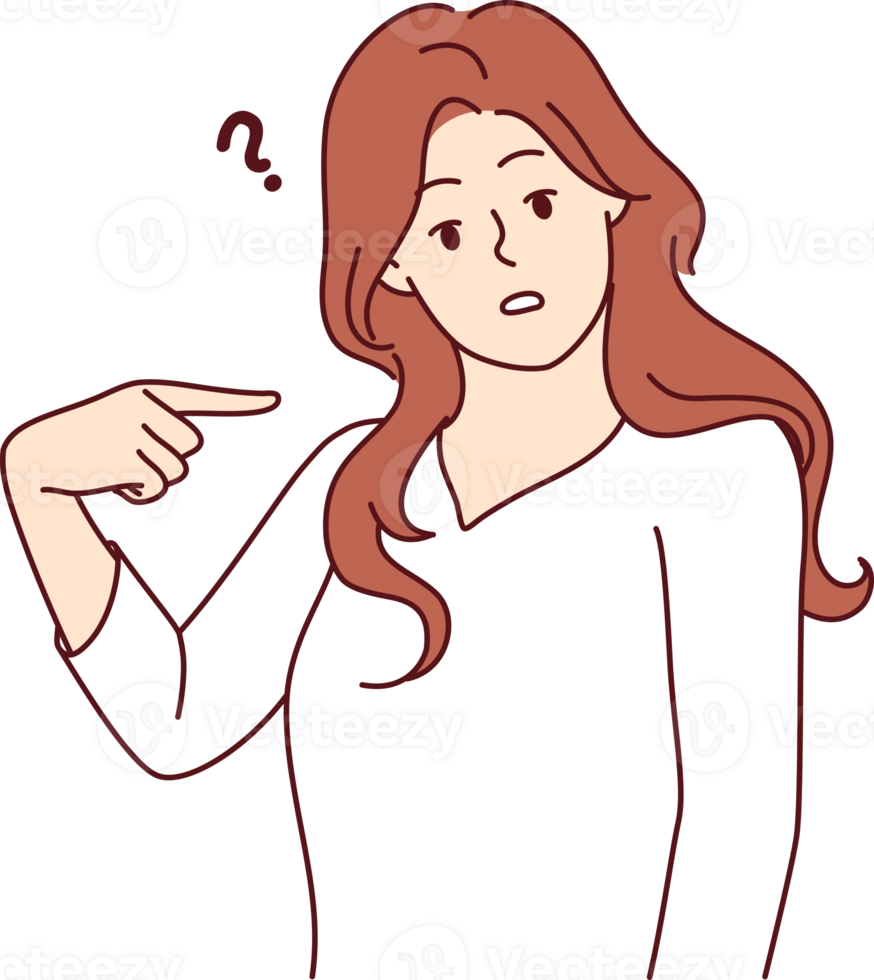 Embarrassed woman points finger at herself and looks puzzled at screen after hearing question png