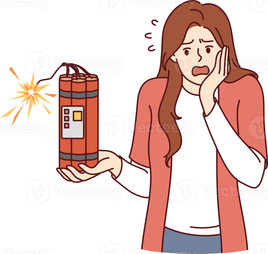 Frightened woman holds dynamite in hands and panics when she learns that explosion is coming png