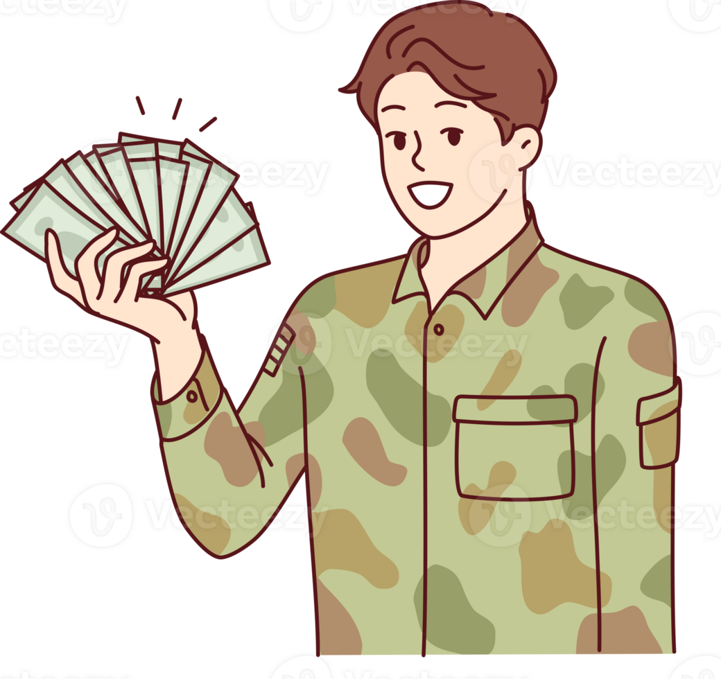 Man in military uniform holds money, calling to become soldier army for large income or preferences png