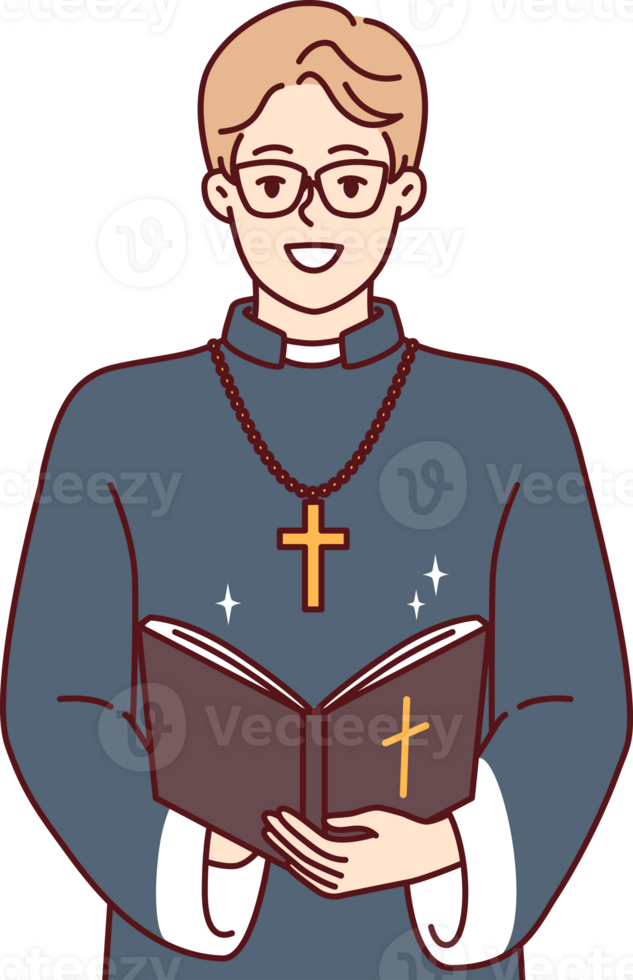 Happy man priest with bible and golden cross on neck smiles preaching and reading christian prayers png