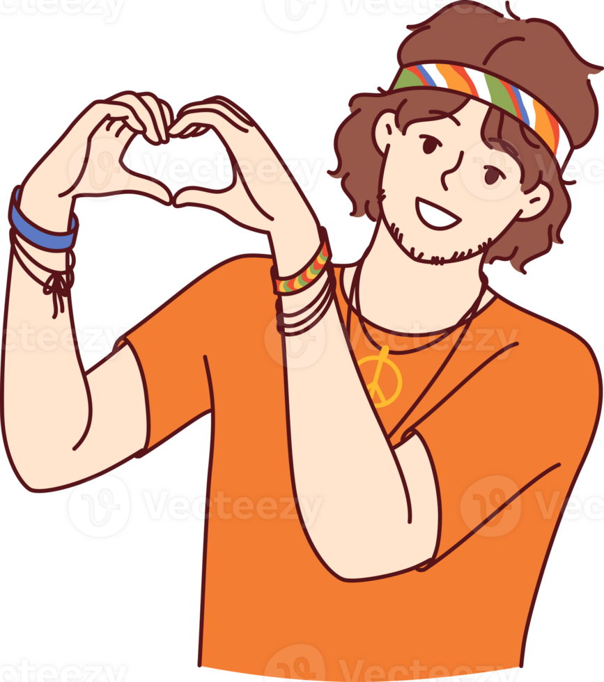 Hippie man demonstrates heart gesture made from fingers and calling for pacifism png