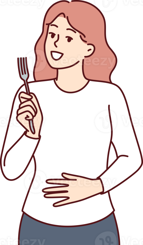 com fome mulher com garfo dentro mãos toques estômago, demonstrando Boa apetite e desejo para jantar png