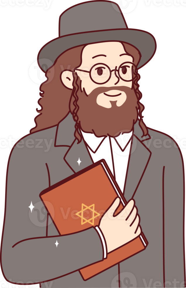 Jewish man with long hair and beard holds torah book with star of david on cover png