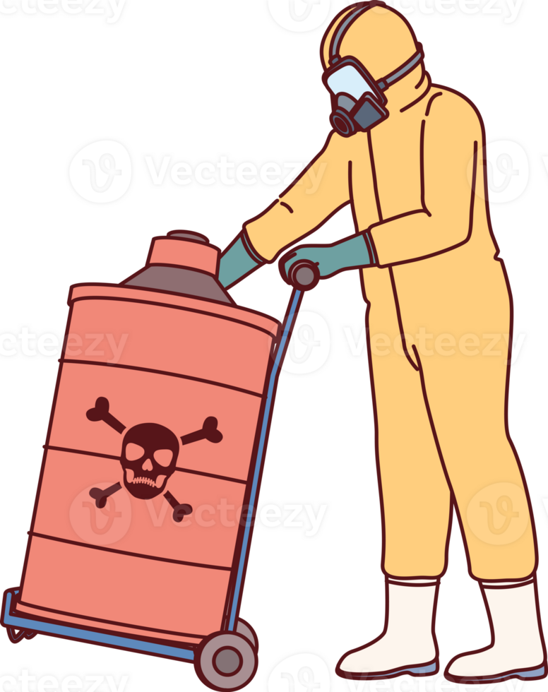 Dangerous toxic substances in barrel near specialist in chemical protection suit and respirator png