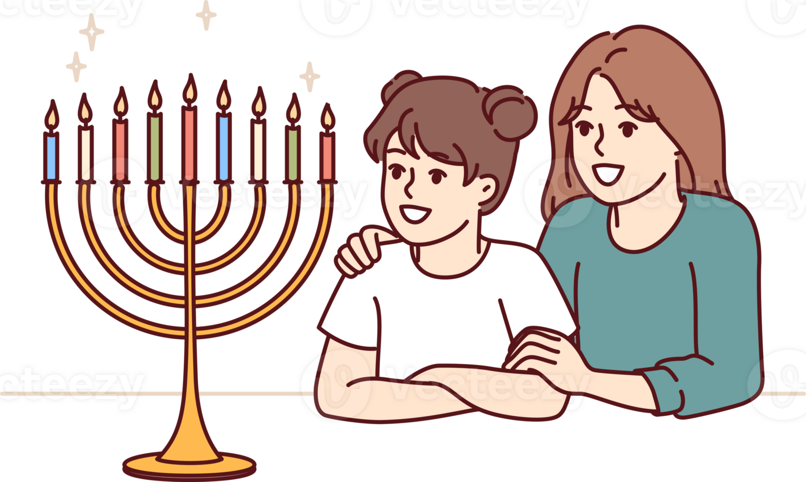 Preteen girls sisters look at menorah with burning candles and rejoice at approach holiday hanukkah png