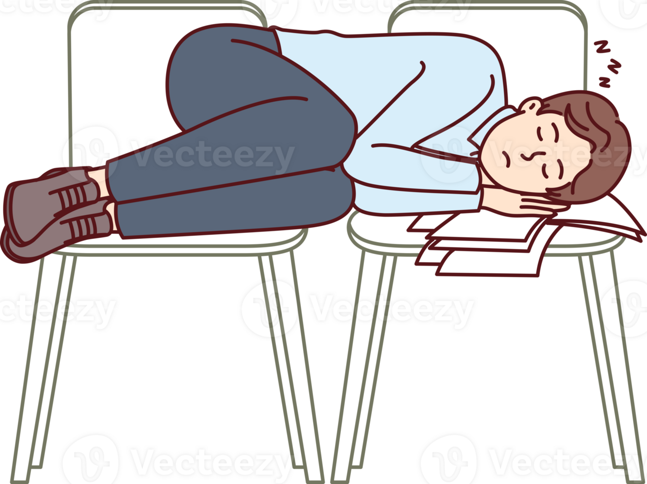 Geschäft Mann schläft auf Büro Stühle fällig zu Fachmann Ausbrennen und Überarbeitung Das verursacht ermüden png