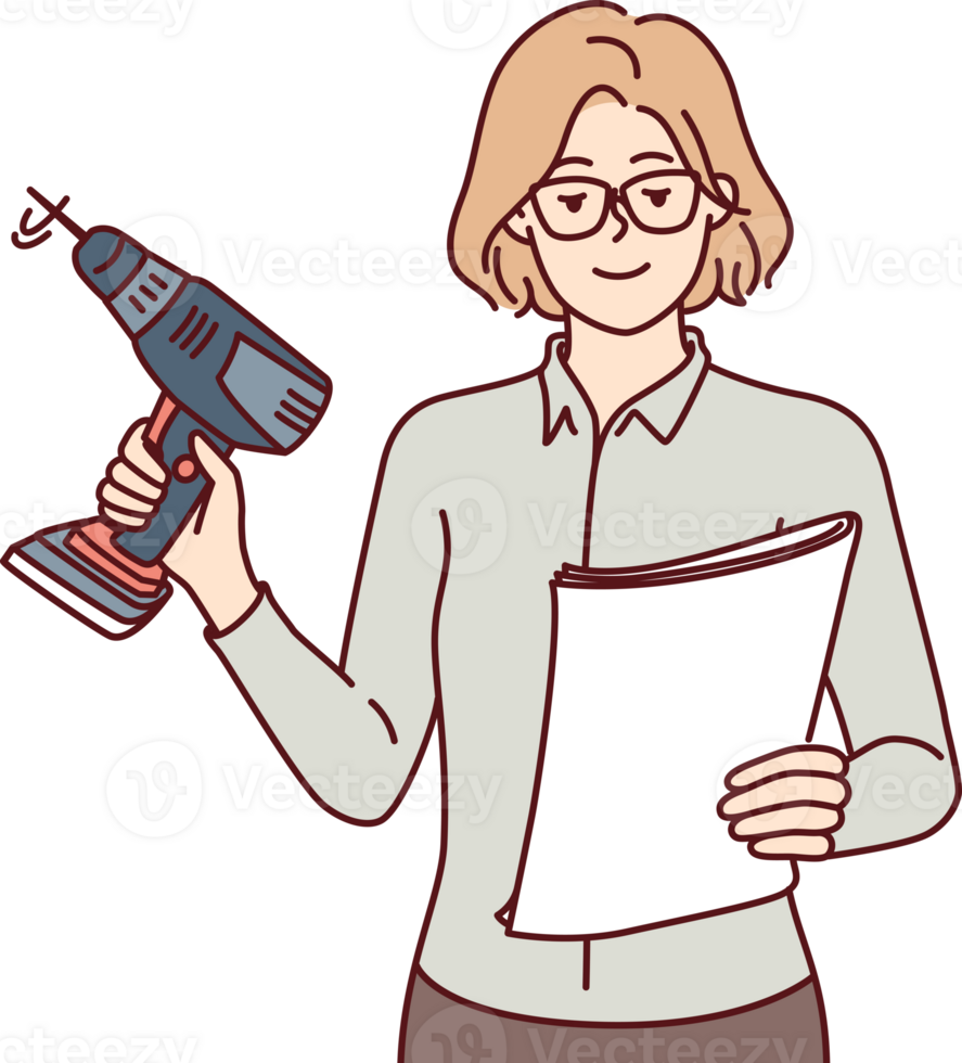 vrouw met elektrisch schroevedraaier houdt papier handleiding met instructies voor zelfmontage van meubilair png