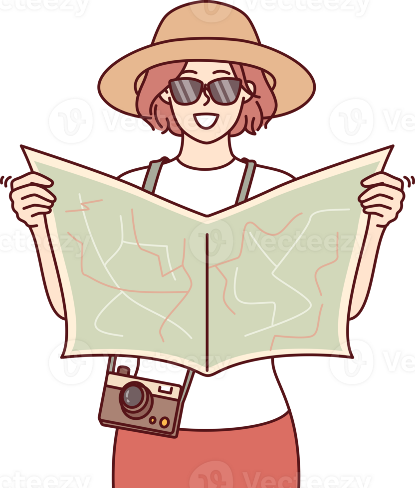 Woman tourist uses paper map to navigate and find popular attractions or directions to hotel png