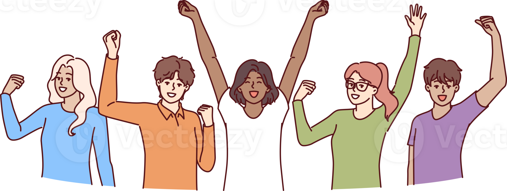 Cheerful diverse people raise hands up celebrating victory in joint educational project png