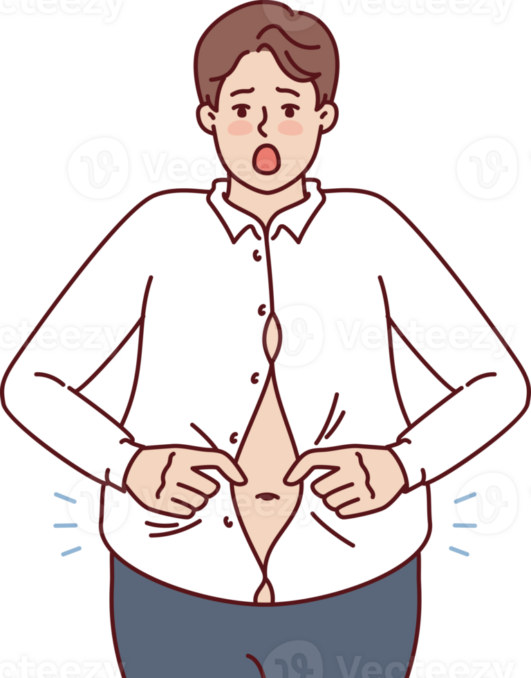 Fat man with big belly is trying to button up small shirt and excitement at being overweight png