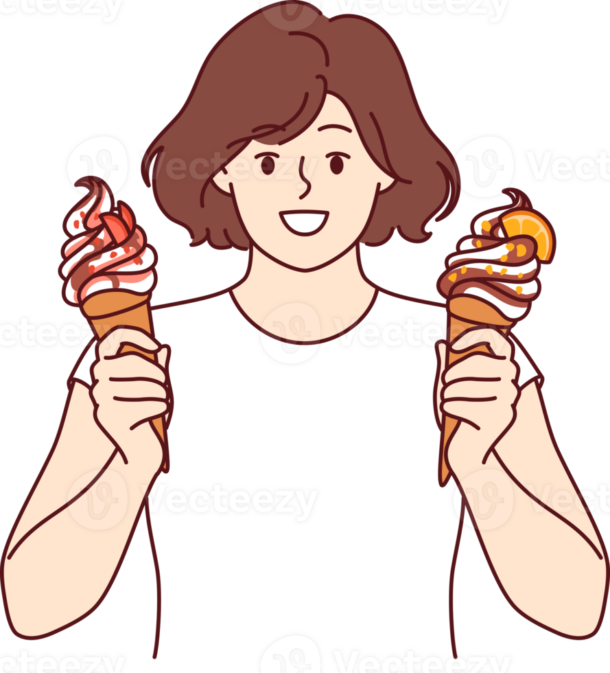 Adolescência mulher detém dois gelo cremes com fruta xarope e waffle cone e parece às tela sorridente png