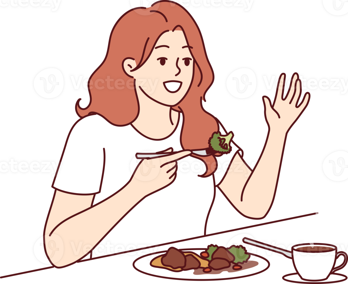 Woman is having lunch in cafe sitting at table and raising hand up to call waiter png