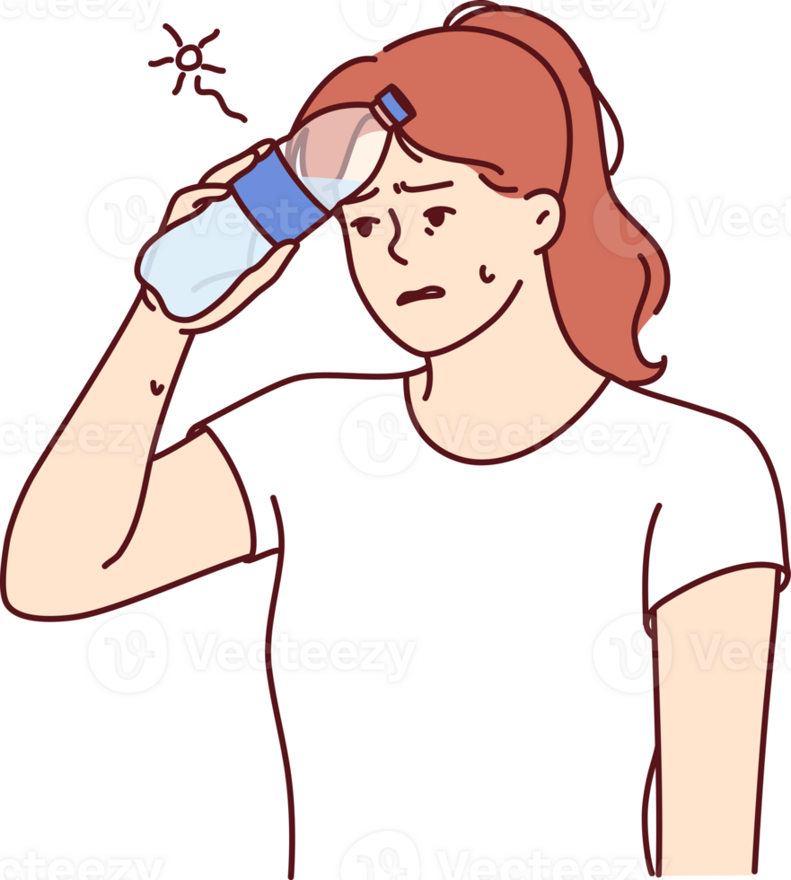 Woman who gets heatstroke on walk puts bottle of water to forehead and needs to rest or see doctor png