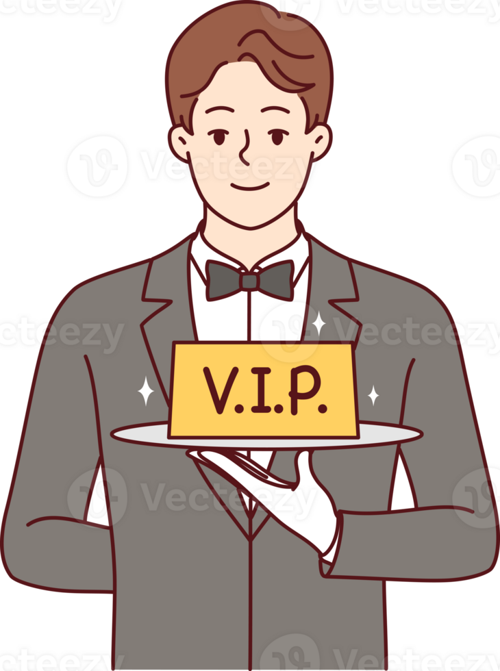 Man restaurant waiter holds vip sign on tray, offering to book table with personalized service png