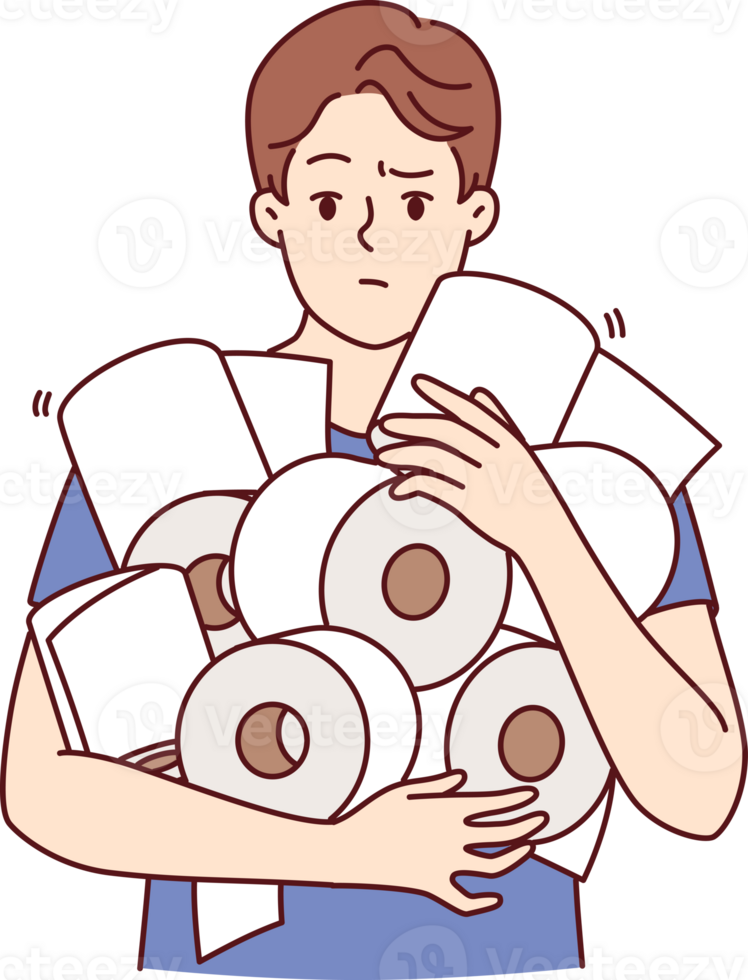 Man holds pile toilet paper in hands, having experienced panic due to announcement of storm warning png