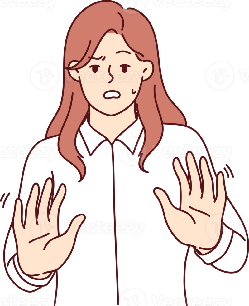 Frightened businesswoman makes stop gesture and experiences panic attack due to news economic crisis png