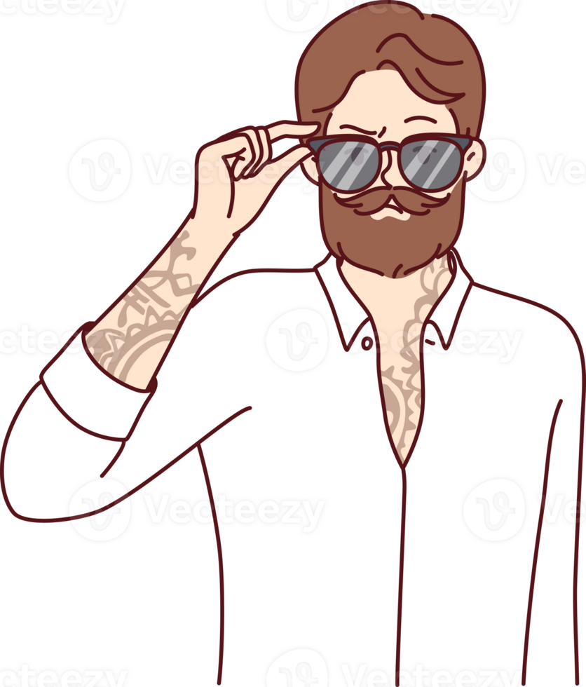 Hipster man with trendy beard and mustache puts on sunglasses and has tattoo on chest and arms png