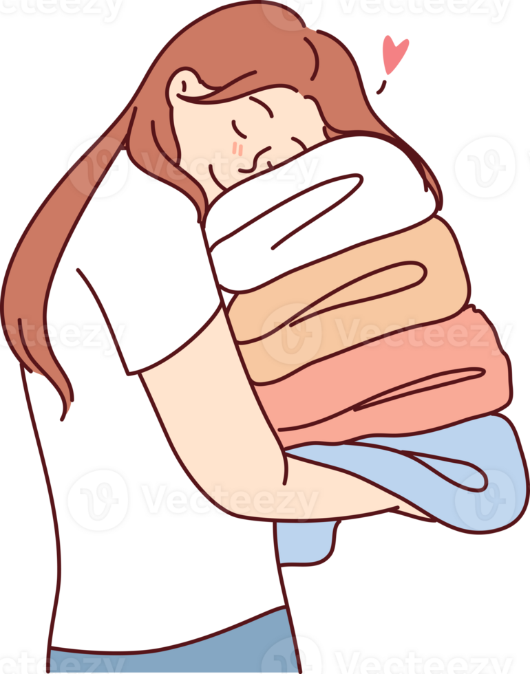 Woman with clothes in hands, enjoys softness of towels after using fabric softener to wash png