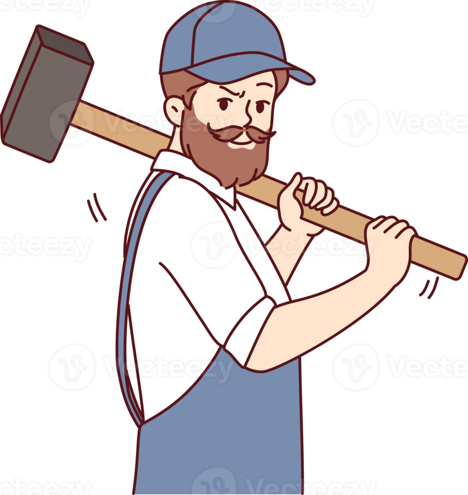 Bearded man with hammer works at construction site, dressed in overalls with cap png