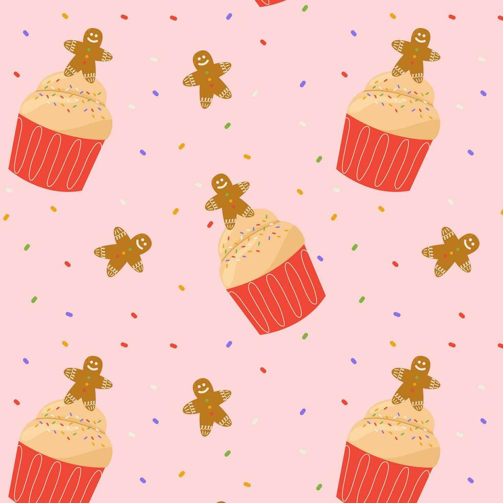 Christmas cupcake pattern. Muffin with cream, sprinkle and gingerbread man decoration. vector