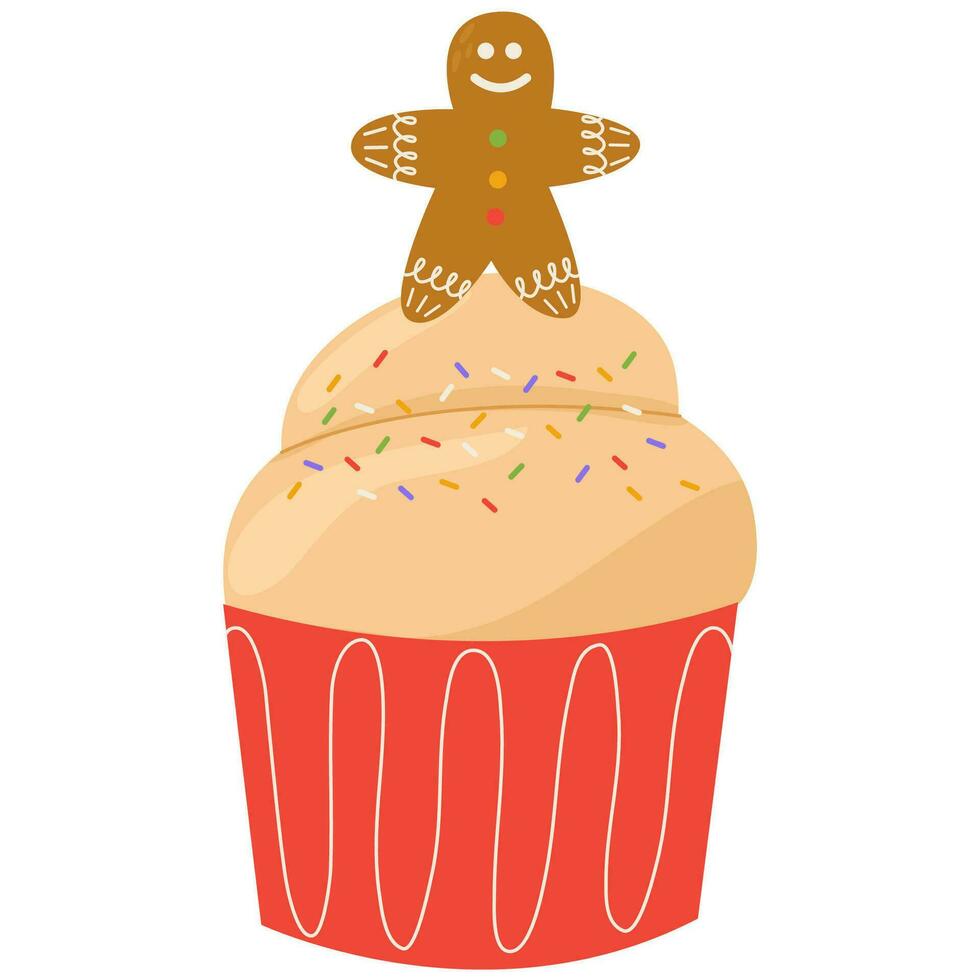 Christmas cupcake. Muffin with cream, sprinkle and gingerbread man decoration. vector