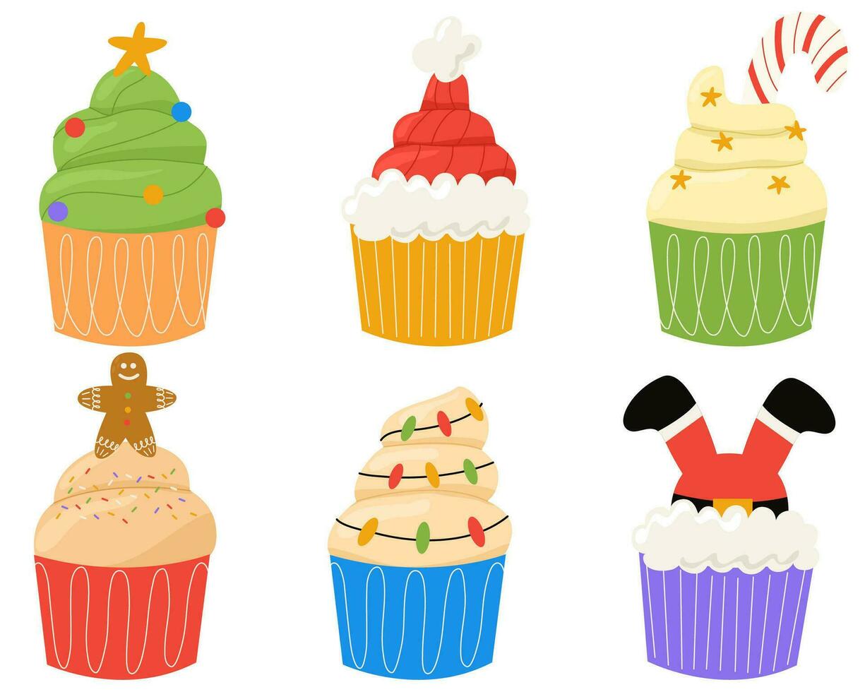 Set of Christmas cupcake. Muffin with cream, sprinkle and christmas decoration. vector