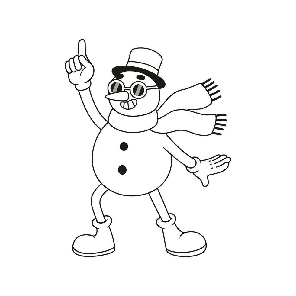 Funny retro snowman character. Vector illustration in line style.