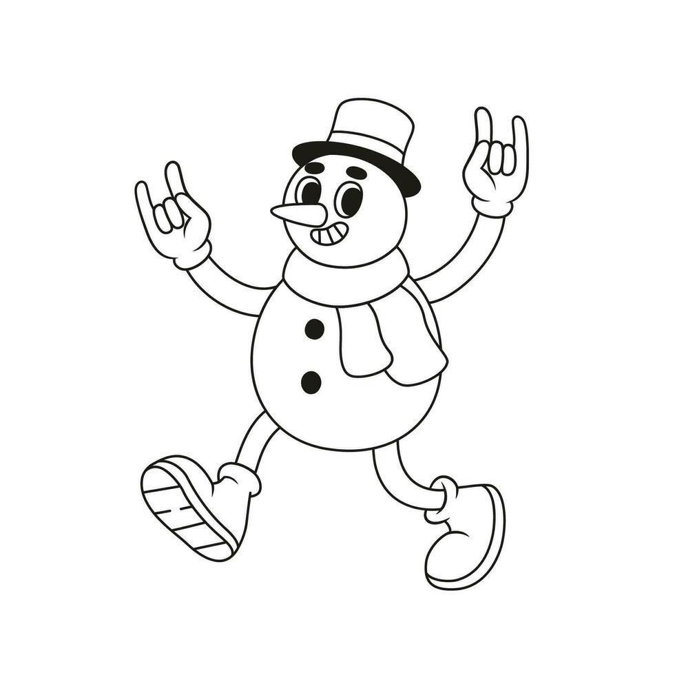 Funny retro snowman character. Vector illustration in line style.