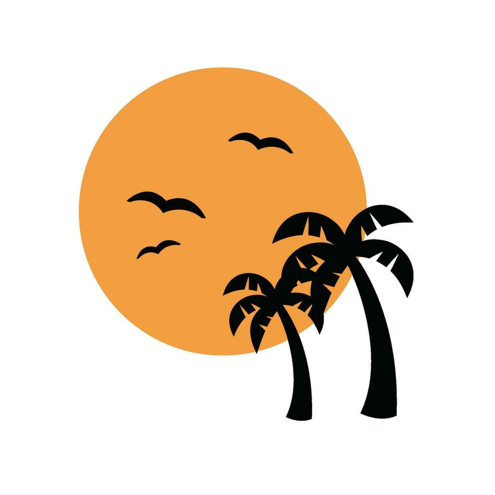 sunset, bird, coconut tree silhouette vector