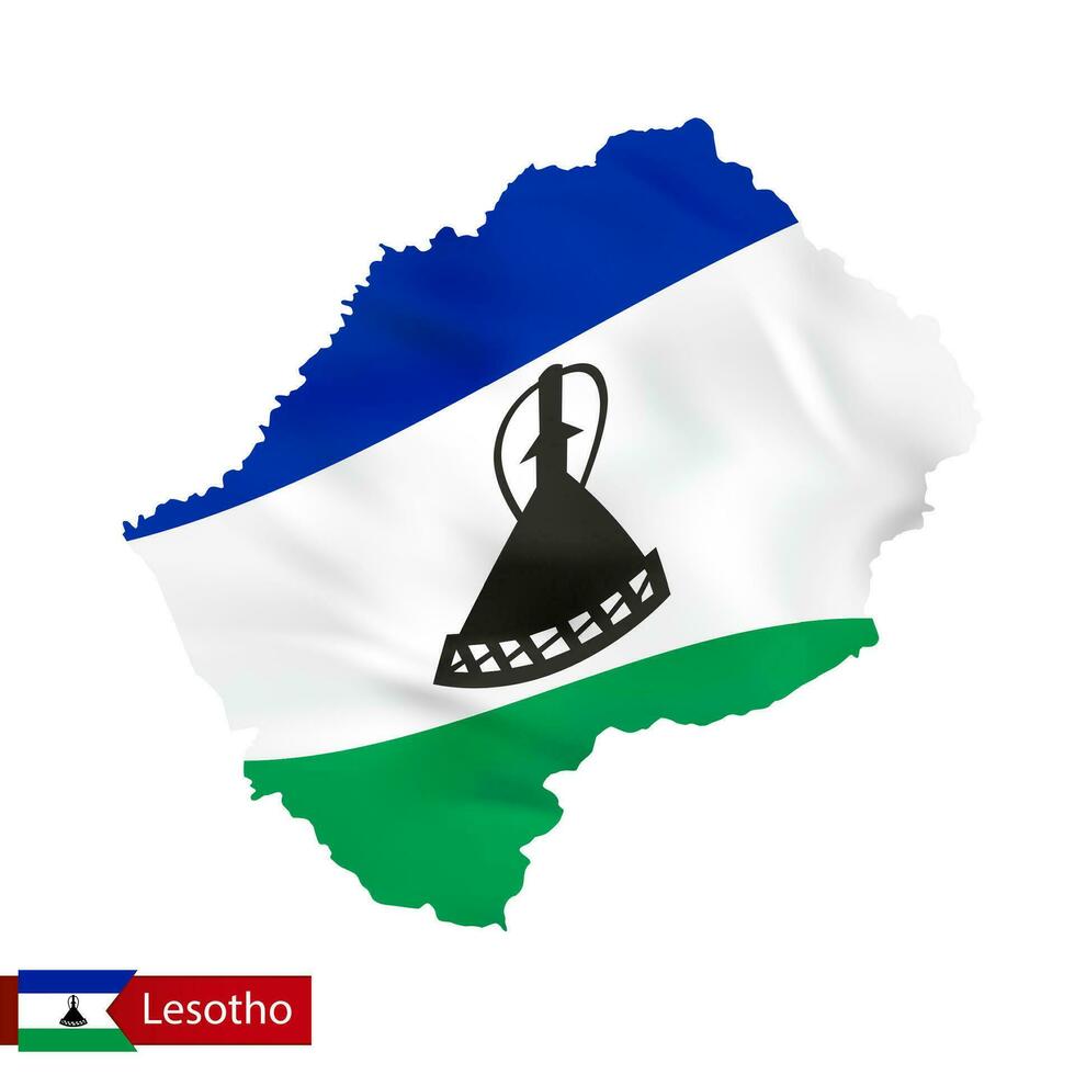 Lesotho map with waving flag of country. vector