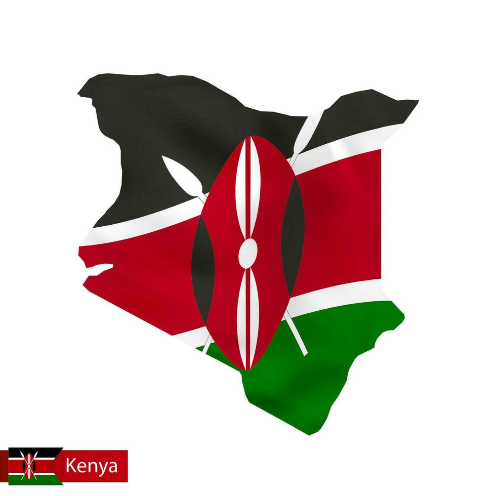 Kenya map with waving flag of country. vector