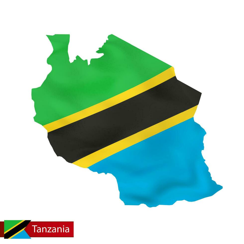 Tanzania mapa con ondulación bandera de país. vector