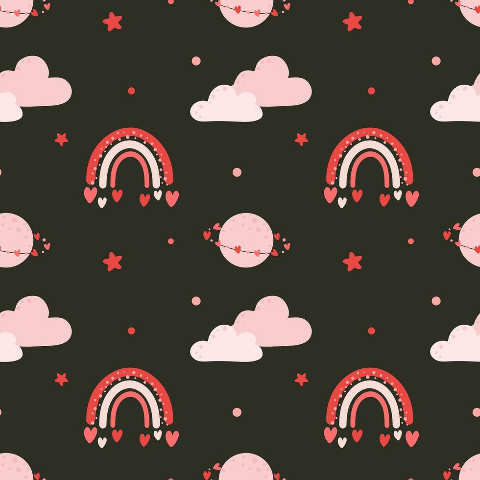 Seamless pattern with clouds, rainbow, planet and hearts. Background for wrapping paper, greeting cards and seasonal designs. Happy Valentine's day. vector