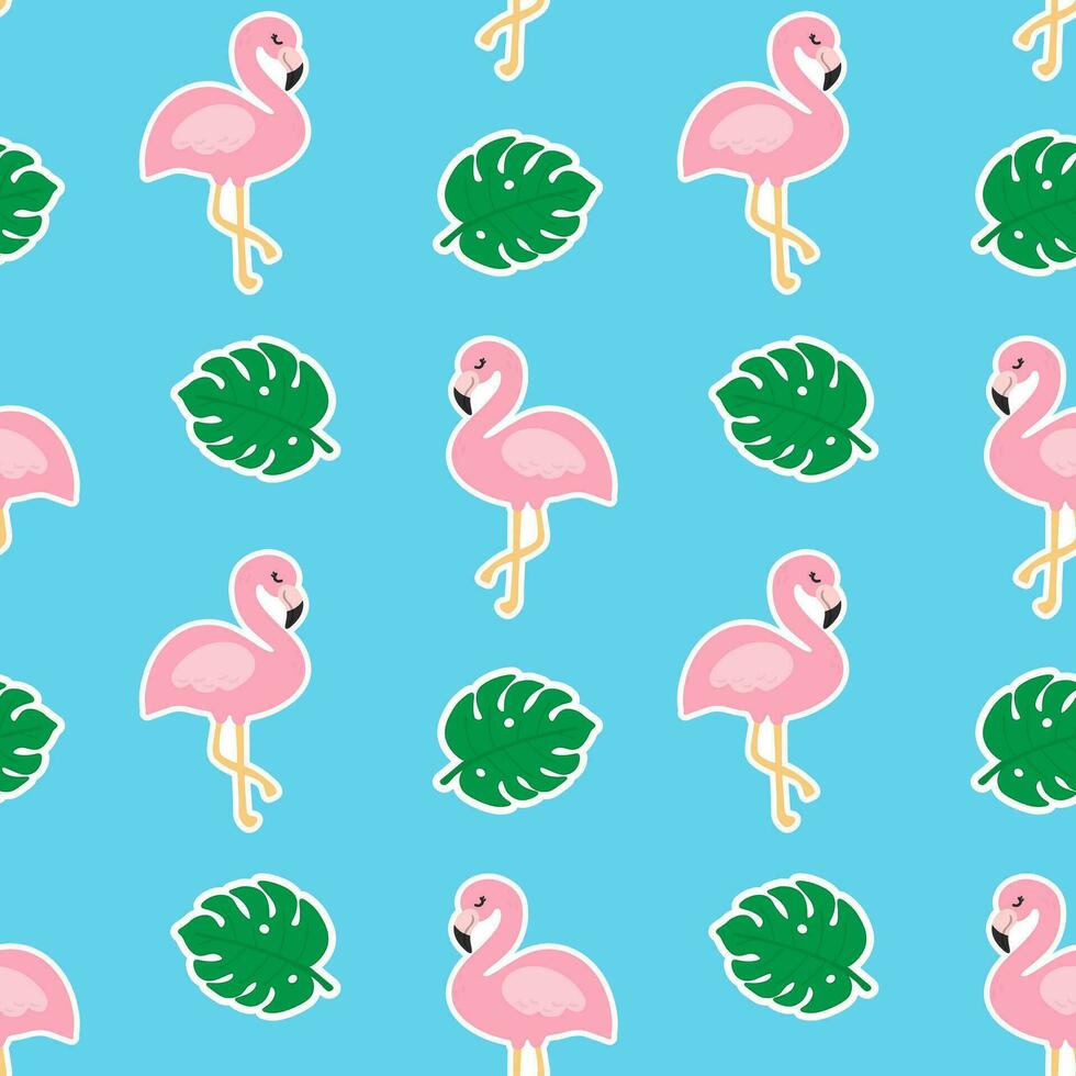 Beautiful seamless tropical pattern with pink flamingos and monstera leaves on a blue background. Abstract summer texture. Design for fabric, wallpaper, textile and decor. vector
