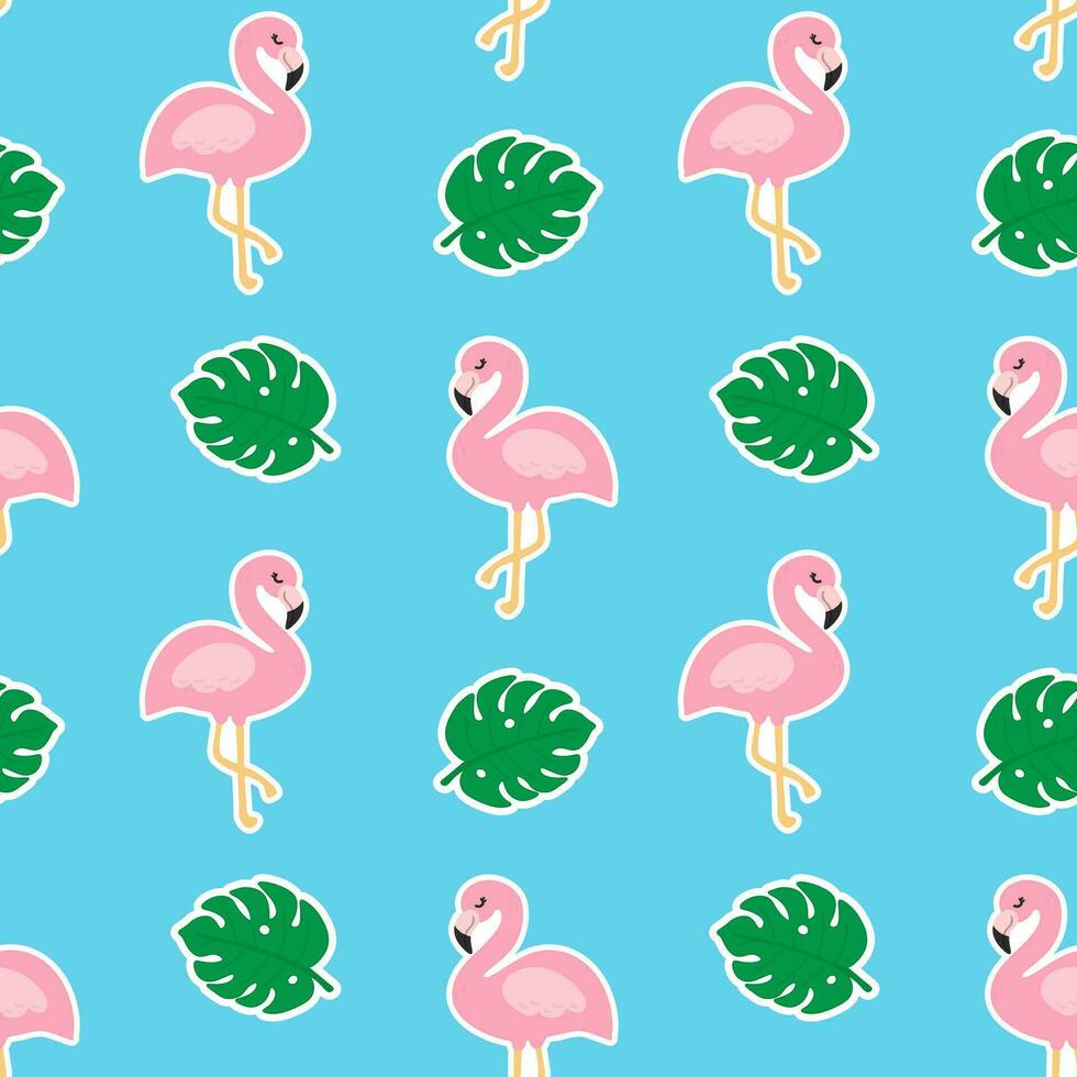 Beautiful seamless tropical pattern with pink flamingos and monstera leaves on a blue background. Abstract summer texture. Design for fabric, wallpaper, textile and decor. vector