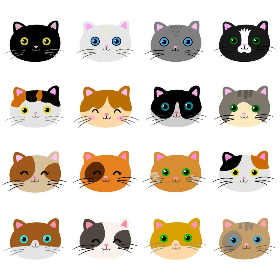 Cat head set. Collection of cute and fanny animals. vector