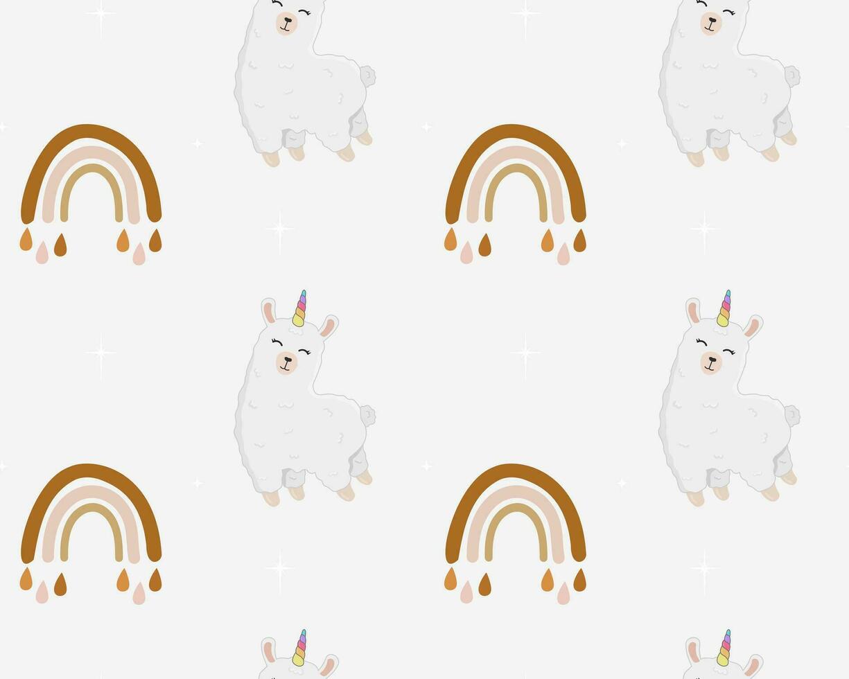 Seamless pattern with alpaca, stars and rainbows. Cartoon design animal character flat vector style. Baby texture for fabric, wrapping, textile, wallpaper, clothing.