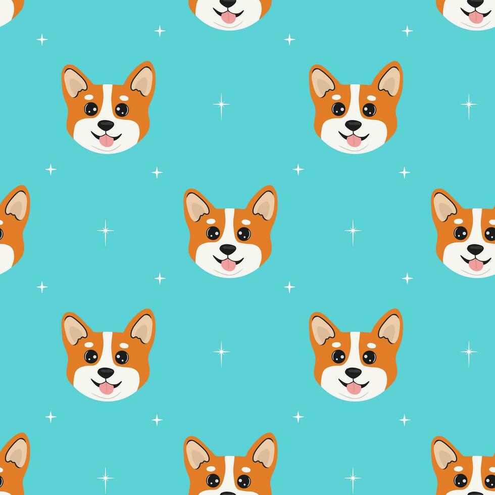 Seamless pattern with head corgi and stars. Cartoon design animal character flat vector style. Baby texture for fabric, wrapping, textile, wallpaper, clothing. Funny little doggy.