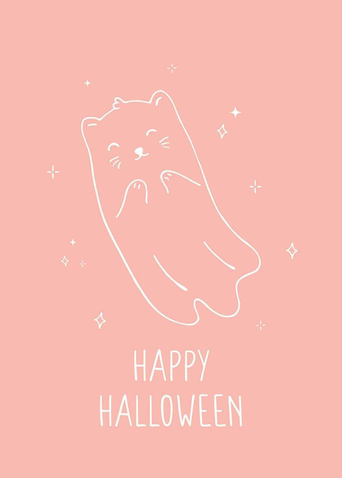 Halloween vector Illustration with cute ghost cat. Cute cat on pink background. Vector print for greeting card, poster, invitation or other printable designs.