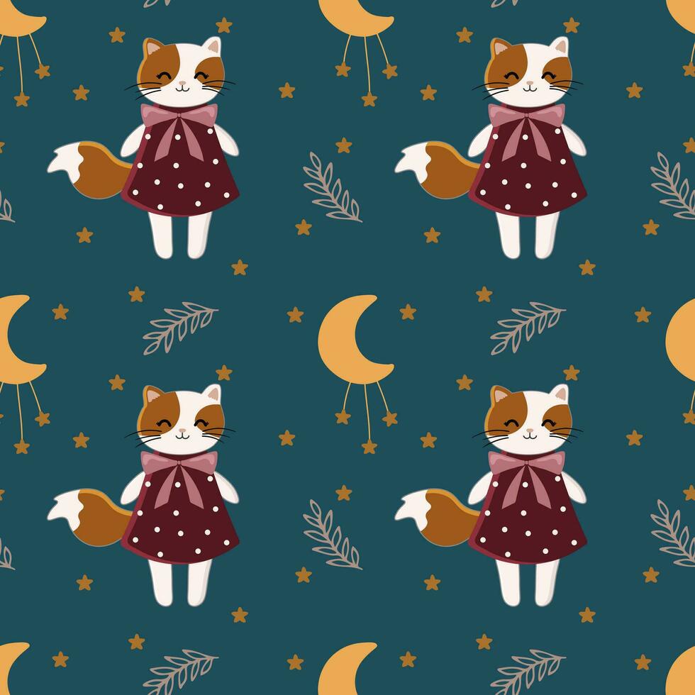 Seamless vector pattern with cats, stars and moon. Trendy baby texture for fabric, wallpaper, apparel, wrapping