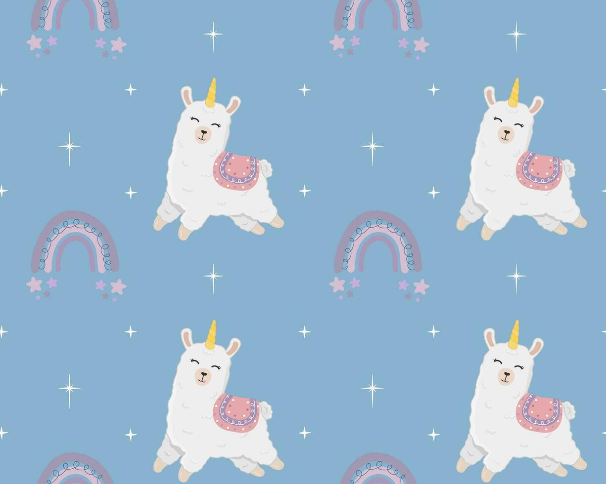 Seamless pattern with alpaca , stars and rainbows. Cartoon design animal character flat vector style. Baby texture for fabric, wrapping, textile, wallpaper, clothing.